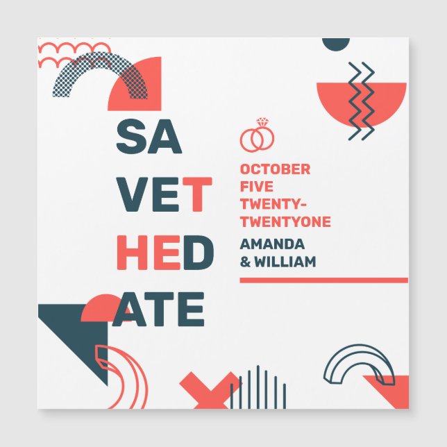 Memphis Style Abstrakt Blue & Red Wedding Magnetkarte (Vorderseite)