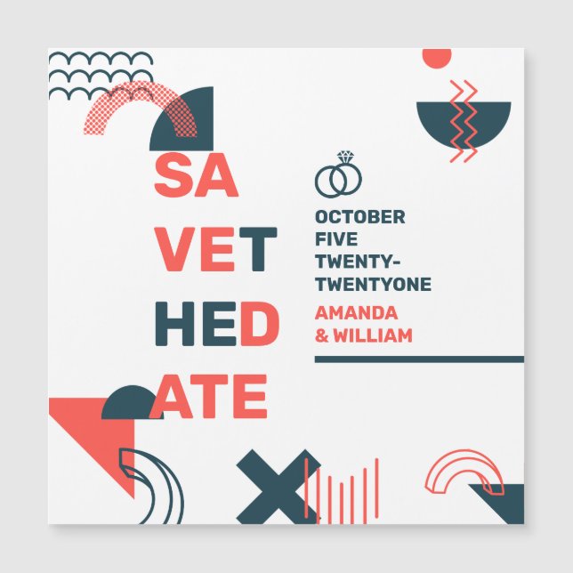 Memphis Style Abstrakt Red & Blue Wedding Magnetkarte (Vorderseite)