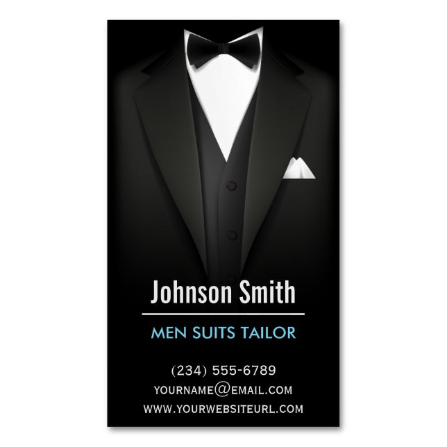Men Anzugs Tailor - Modernes Berufliches Schwarz-w Magnetische Visitenkarte (Vorderseite Vertikal)