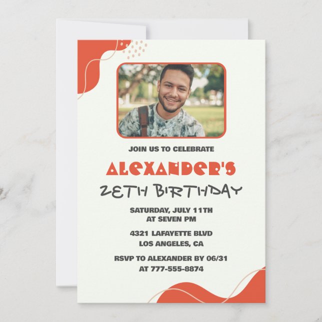 Men Photo 28th birthday invitations Modern Red (Devant)