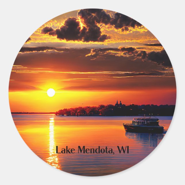 Mendota-See, Wisconsin Sonnenuntergang Runder Aufkleber (Vorderseite)