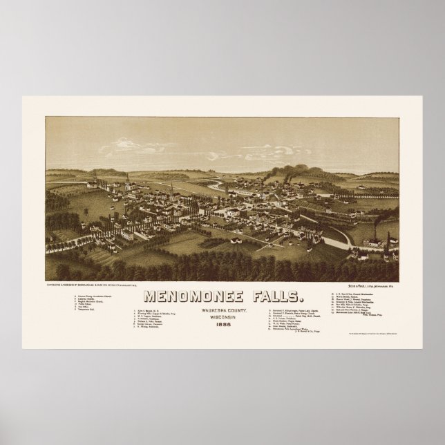 Menomonee Falls, WI Panoramic Karte - 1886 Poster (Vorne)