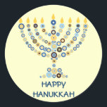 Menorah-Aufkleber Runder Aufkleber<br><div class="desc">Dutzende konzentrische Kreise bilden sich zusammen, um eine beleuchtete Hanukkah menorah zu bilden. Fügen Sie Ihre Nachricht hinzu. Verwenden Sie als Umschlag Aufkleber, auf Geschenken oder geben Sie als Gefallen. Sie können auch den Hintergrund ändern, wenn Sie möchten. Verfügbar in passenden Produkten. com</div>