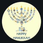 Menorah-Aufkleber Runder Aufkleber<br><div class="desc">Dutzende konzentrische Kreise bilden sich zusammen, um eine beleuchtete Hanukkah menorah zu bilden. Fügen Sie Ihre Nachricht hinzu. Verwenden Sie als Umschlag Aufkleber, auf Geschenken oder geben Sie als Gefallen. Sie können auch den Hintergrund ändern, wenn Sie möchten. Verfügbar in passenden Produkten. com</div>