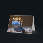 Menorah Blue Truck Chanukah Card Feiertagskarte<br><div class="desc">Senden Sie Chanukah Grüße mit einer Menorah auf einem blauen LKW mit dreidels.</div>