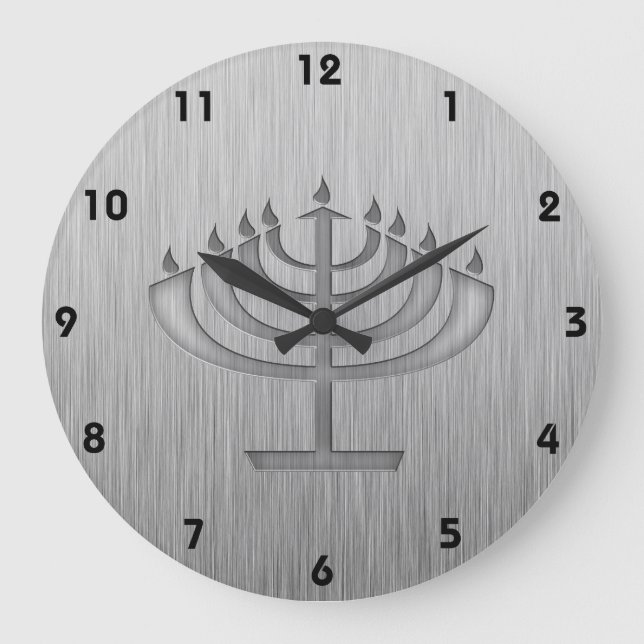 Menorah; gebürsteter Metalllook Große Wanduhr (Vorderseite)