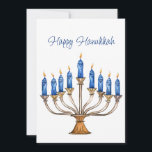 Menorah mit brennenden Kerzen Happy Hanukkah Card<br><div class="desc">Wasserfarbene Menorah mit blauen brennenden Kerzen auf der Vorderseite und Stern von David auf der Rückseite. Happy Hanukkah und Gruß auf der Rückseite kann geändert werden. AI unterstützte Grafik, die mit kommerziellem Einsatz erworben wurde. Kunstwerk: CosmicMeta</div>
