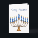 Menorah mit brennenden Kerzen Happy Hanukkah Card Karte<br><div class="desc">Wasserfarbene Menorah mit blauen brennenden Kerzen vor und Star of David innen. Happy Hanukkah und Gruß innen kann geändert werden. AI unterstützte Grafik,  die mit kommerziellem Einsatz erworben wurde. Kunstwerk: CosmicMeta</div>