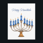 Menorah mit brennenden Kerzen Happy Hanukkah Postkarte<br><div class="desc">Wasserfarbene Menorah mit blauen brennenden Kerzen. Glückliche Hanukkah Gruß kann geändert werden. AI unterstützte Grafik, die mit kommerziellem Einsatz erworben wurde. Kunstwerk: CosmicMeta</div>