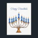 Menorah mit brennenden Kerzen Happy Hanukkah Postkarte<br><div class="desc">Wasserfarbene Menorah mit blauen brennenden Kerzen. Glückliche Hanukkah Gruß kann geändert werden. AI unterstützte Grafik,  die mit kommerziellem Einsatz erworben wurde. Kunstwerk: CosmicMeta</div>