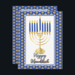 Menorah mit Lights Happy Hanukkah Familie Foto Feiertagskarte<br><div class="desc">Dieses Design ist besonders geeignet für das Feiern der Hanukka-Saison und bietet eine originale Menorah-Vektorgrafik mit Schrift-Textkalligrafie,  "Happy Hanukkah",  die vorn mit Ihrem Foto auf der Rückseite zusammen mit Ihrer einzigartigen Botschaften begrüßt. Composite Design von Holiday Hearts Designs (Rechte vorbehalten).</div>