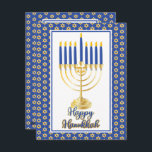 Menorah mit Lights Happy Hanukkah Familie Foto Feiertagskarte<br><div class="desc">Dieses Design ist besonders geeignet für das Feiern der Hanukka-Saison und bietet eine originale Menorah-Vektorgrafik mit Schrift-Textkalligrafie,  "Happy Hanukkah",  die vorn mit Ihrem Foto auf der Rückseite zusammen mit Ihrer einzigartigen Botschaften begrüßt. Composite Design von Holiday Hearts Designs (Rechte vorbehalten).</div>