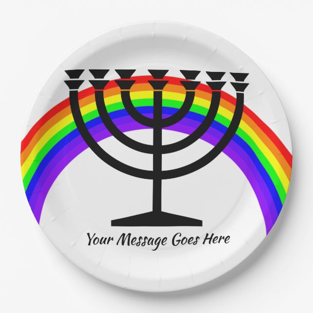 Menorah mit Regenbogen und Papierplatte Pappteller (Vorderseite)