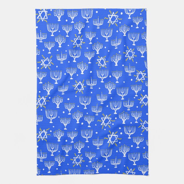 Menorah Star von David Hanukkah Pattern Blue White Geschirrtuch (Vertikal)