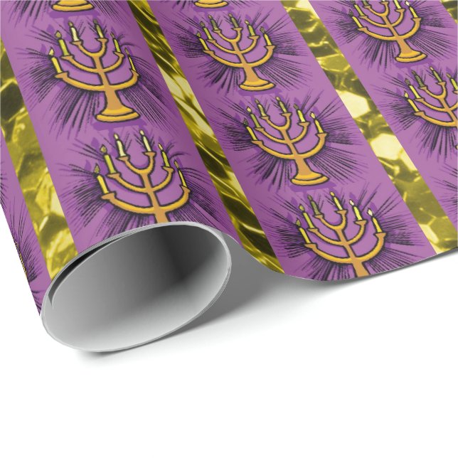 Menorahs Lila & Gold Imitate Glitzer Geschenkpapier (Rolleneckpunkt)