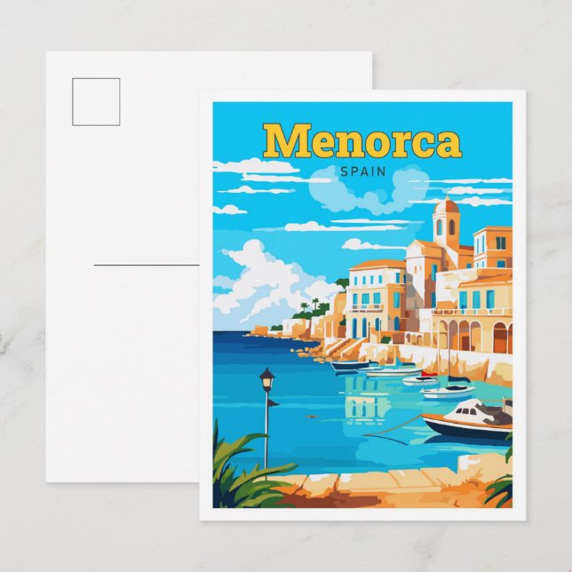 Menorca Spanien Reisen Kunst, Vintage Illustration Postkarte (Vorne/Hinten)