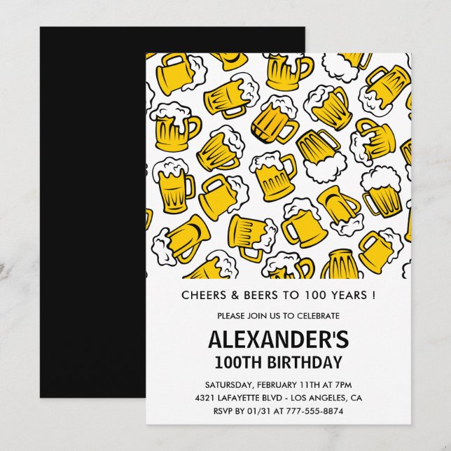 Mens 100. Geburtstag Einladungen Beers Pattern (Vorne/Hinten)
