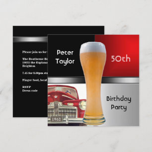Mens 50. 1962 Geburtstag Red Retro Red Car Bier Einladung