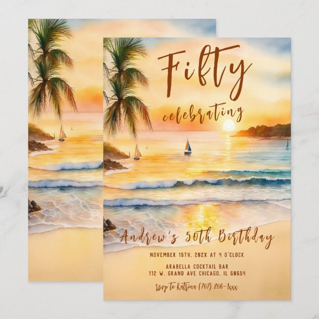 Mens 50. Geburtstag Beach Party Einladung (Vorne/Hinten)