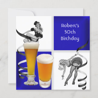 Mens 50. Geburtstag Blauer Karo Retro Girl Beer Einladung