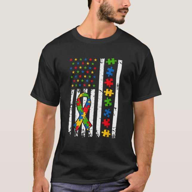 Mens Autismus Awareness American Flag Puzzle Piece T-Shirt (Vorderseite)