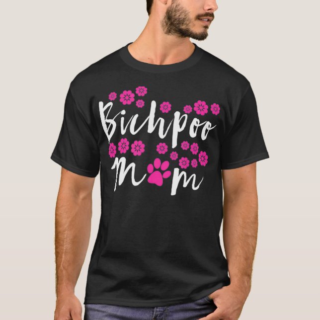 Mens Bichpoo Mama Rosa Blume Design mit rosa Paw T-Shirt (Vorderseite)