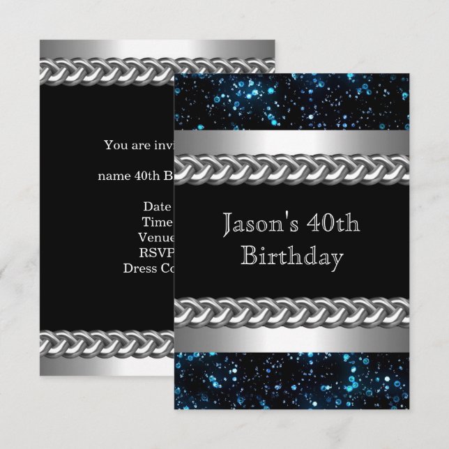 Mens Birthday Party Blue Metal Chrome Silver Image Einladung (Vorne/Hinten)