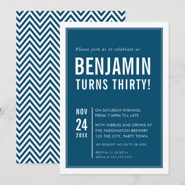 MEN'S BIRTHDAY PARTY Moderne Typografie Marine wei Einladung (Vorne/Hinten)