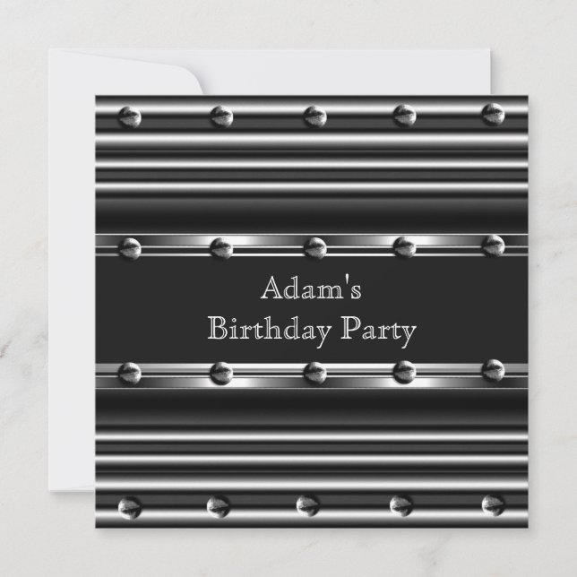 Mens Birthday Party Silver Metal Black Mans Einladung (Vorderseite)