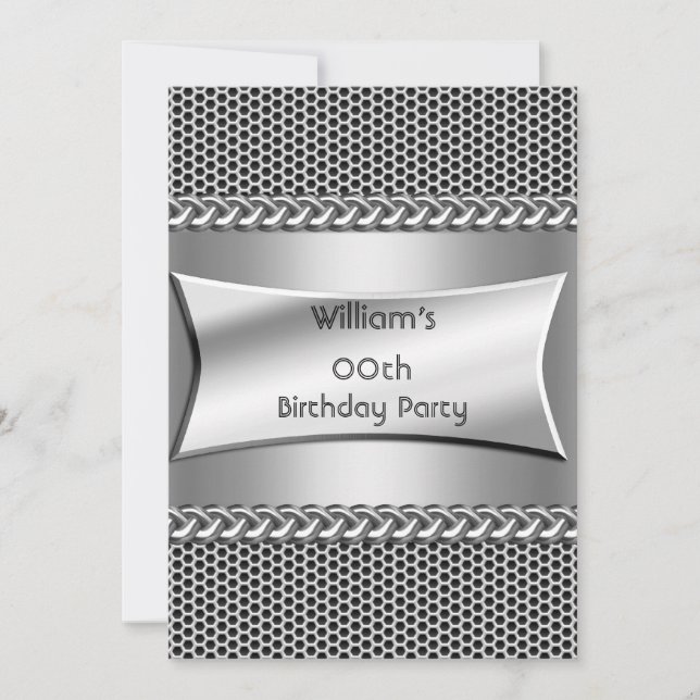 Mens Birthday Party Silver Metal Look Chrome Einladung (Vorderseite)