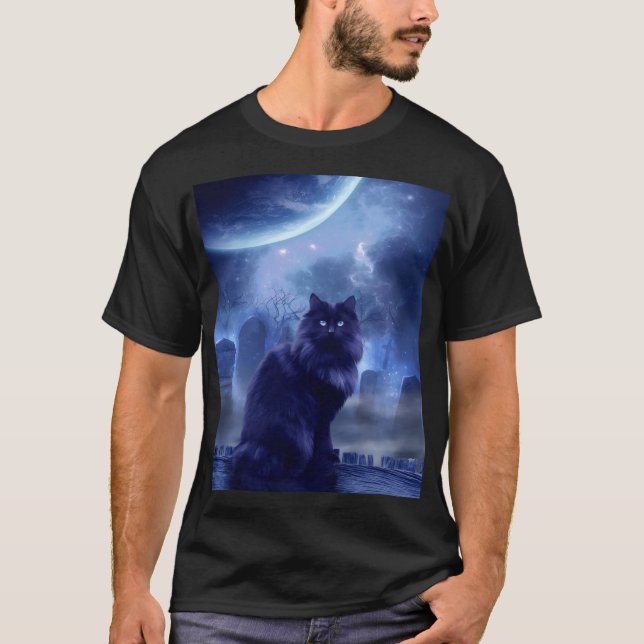 men's black cat and moon light T-Shirt (Vorderseite)