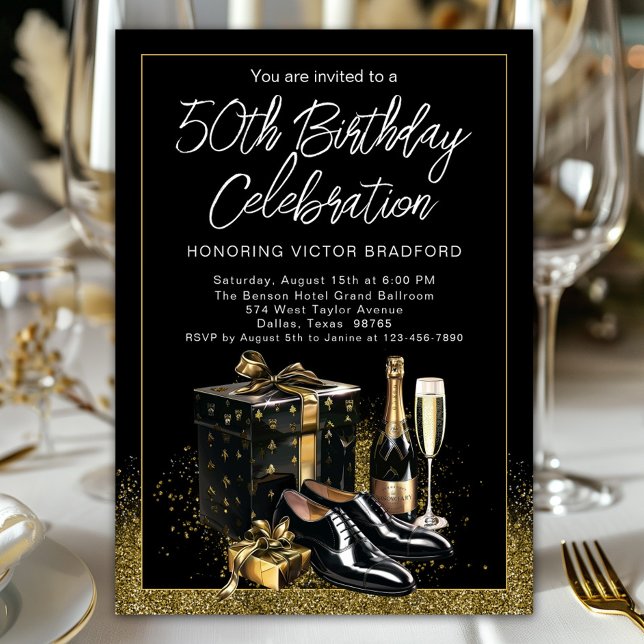 Mens Black Gold Ausgeklügeltes Hochformat Geburtst Einladung (Men's classy any number birthday and event invitation with black and gold festive theme. )