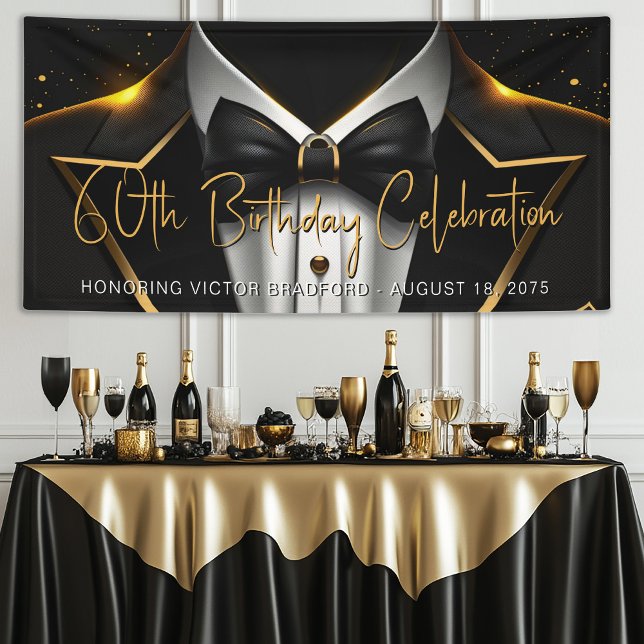 Mens Black Gold Geburtstagsparty Banner (Mens black and gold birthday party and event banner. Simply add your event details.)