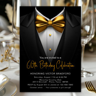 Mens Black Gold Tuxedo jede Zahl Geburtstag Einladung