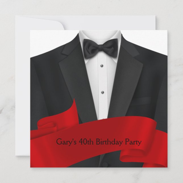 Mens Black Red Tuxedo Geburtstagsparty Einladung (Vorderseite)