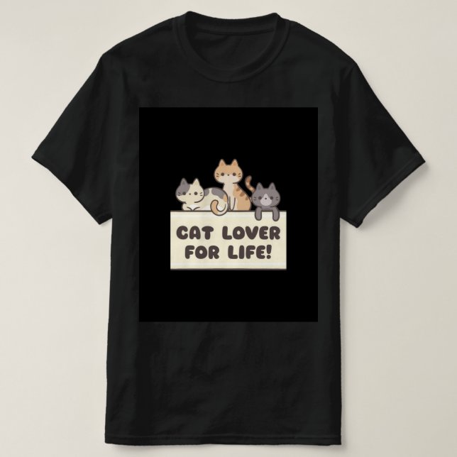 mens black t shirt with cute cartoon of cat (Design vorne)