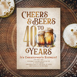 Mens Cheers & Beers Funny 40. Geburtstag Einladung<br><div class="desc">Feiern Sie die großen 4-0 mit Stil und Spaß mit diesem Vintagen Biergeburtsdesign. Die goldene Typografie ist elegant und erinnert an ein cooles Bierglas, das ihm ein klassisches Retro-Vintages Ambiente verleiht. Ideal für den Mann (oder die Frau!) in deinem Leben, der ihre Zwerge, den Verkauf und andere Biere Liebe. Ideal...</div>