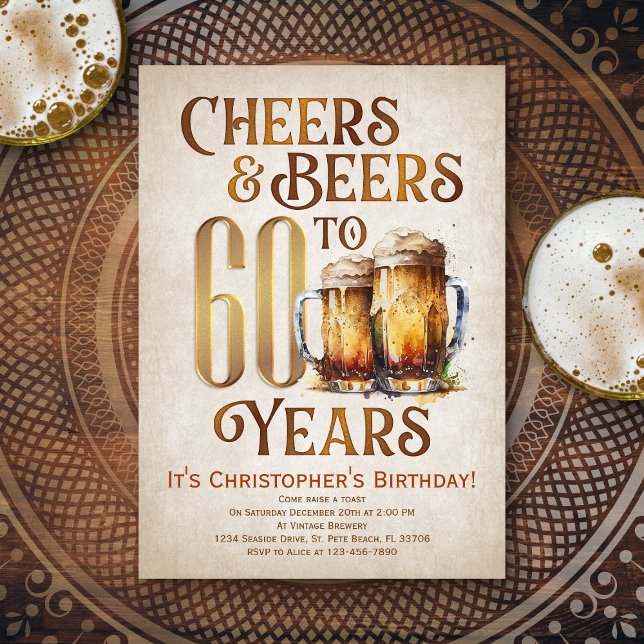 Mens Cheers & Beers Funny 60. Geburtstag Einladung (Von Creator hochgeladen)