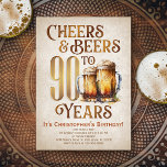 Mens Cheers & Beers Funny 90. Geburtstag Einladung<br><div class="desc">Feiern Sie die großen 9-0 mit Stil und Spaß mit diesem Vintagen Biergeburtsdesign. Die goldene Typografie ist elegant und erinnert an ein cooles Bierglas, das ihm ein klassisches Retro-Vintages Ambiente verleiht. Ideal für den Mann (oder die Frau!) in deinem Leben, der ihre Zwerge, den Verkauf und andere Biere Liebe. Ideal...</div>