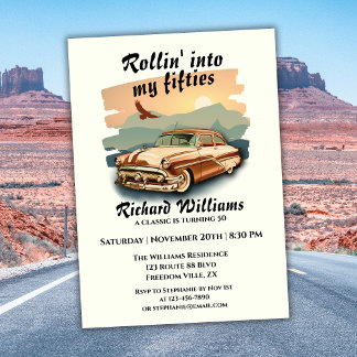 Men's classic car desert sunset 50th Birthday Einladung