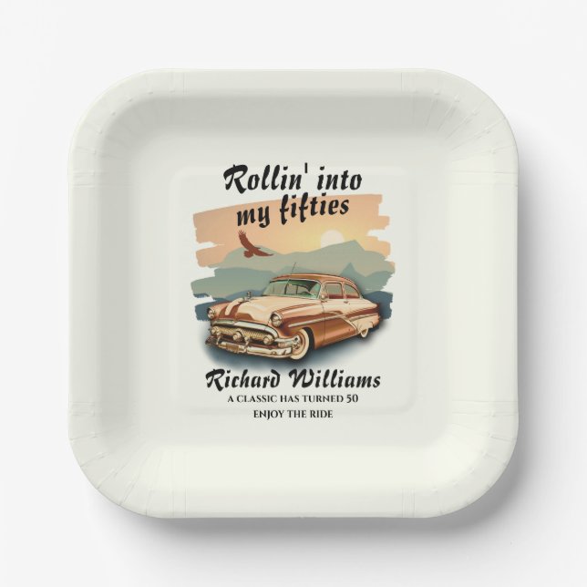 Men's classic car desert sunset 50th Birthday Pappteller (Vorderseite)