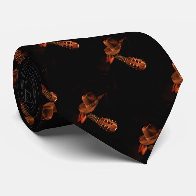 Mens Cowboy Hat und Guitar Western Neck Tie Krawatte (Gerollt)