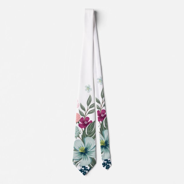 Mens Dress Krawatte Tropische Blume auf Weiß (Vorderseite)