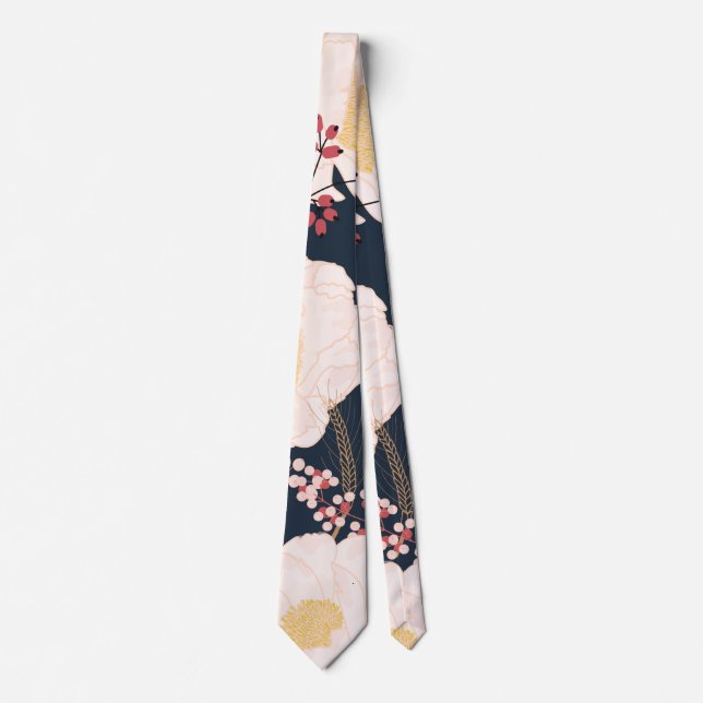 Mens Dress Krawatte Weiße Blume auf dunkelblau (Vorderseite)