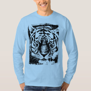 Mens Modern Long Sleeve Tiger Face Light Blue T-Shirt