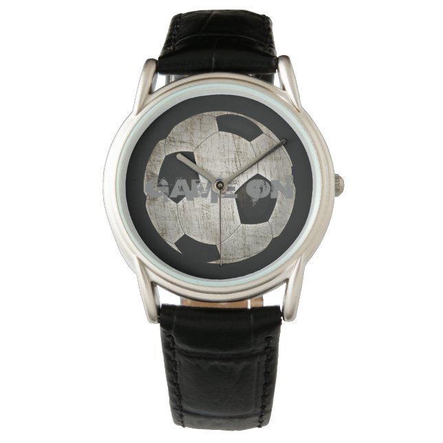 Mens Modern Soccer Ball Black Leather Armbanduhr (Vorderseite)