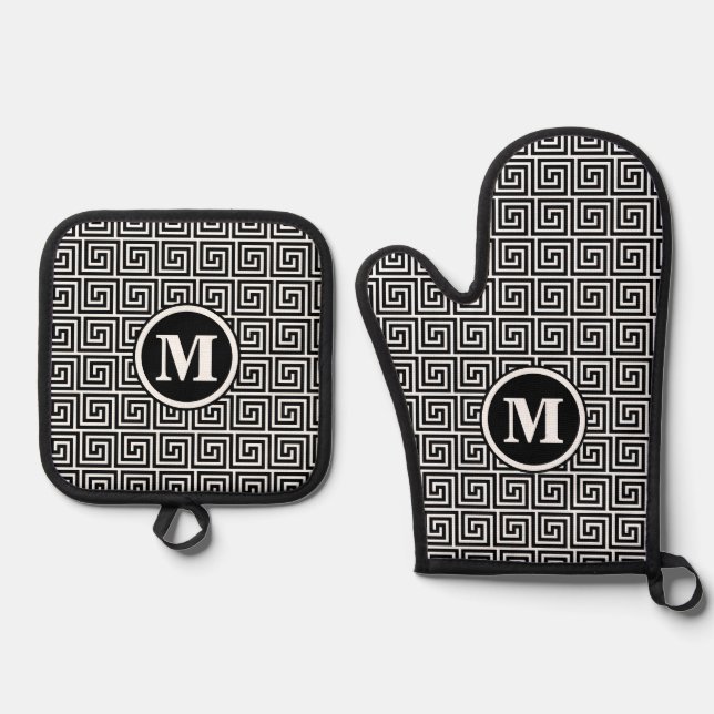 Mens Monogram Black Greece Key Meander Pattern Ofenhandschuh & Topflappen-Set (Vorderseite)