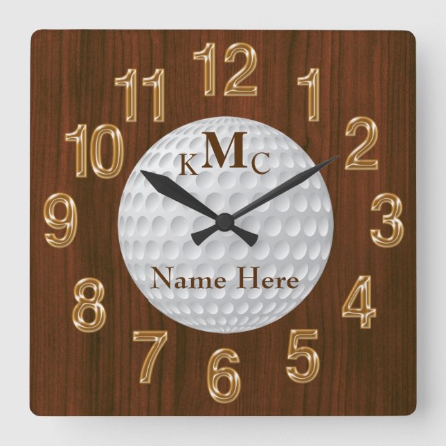 Men's Personalized Golf Clock on Faux Cherry Wood Quadratische Wanduhr (Vorderseite)