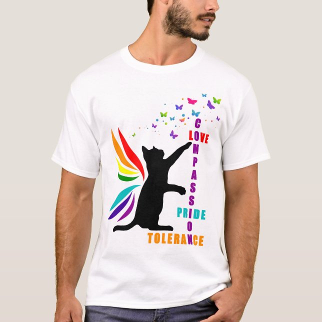 Mens Rainbow Pride Cat and Butterfly T - Shirt (Vorderseite)
