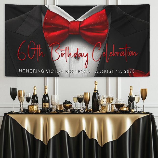 Mens Red Black Tuxedo Geburtstagsparty Banner (Mens red and black tuxedo birthday party and any event banner. Simply add your event details.)